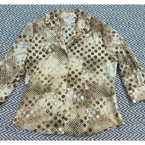 St. John Collection Polka Dot Blouse Size 6 Beige & Brown 3/4 Sleeve Button Fron